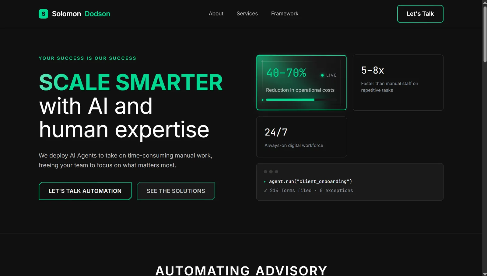 Solomon Dodson, an AI automation agency website built by 4Front Creative